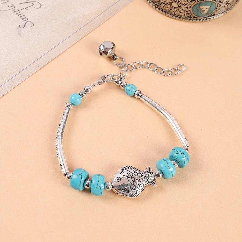 Original Handmade Turquoise Tibetan Silver Small Fish Bracelet Bohemian Retro Personality Bells Miao Silver Bracelet Women