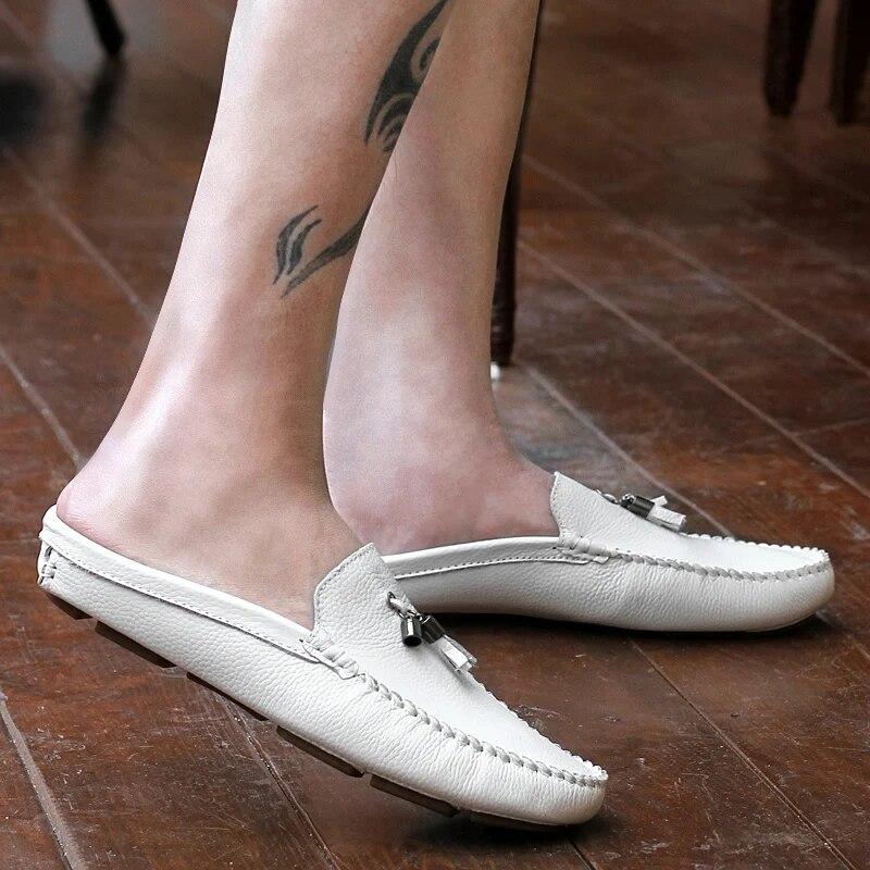 Quaste Halbe Schuhe Für Männer Sommer Echtes Leder Loafer Slip-On Hausschuhe Casual Backless Fahren Faulenzer Für Mann Mule masculino