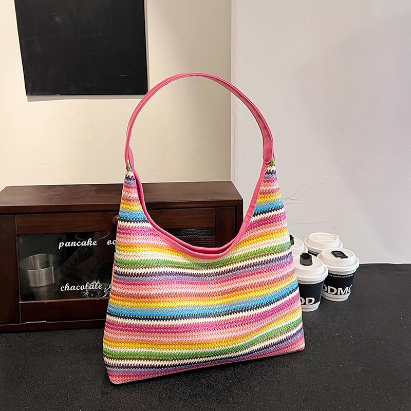 Rainbow Straw Shoulder Bag for Women Large Capacity Beach Holiday Style Bag Crossbody Bag