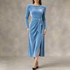Women's Fashion Velvet Dress - Long Sleeve, Tie Waist, Side Slit, Slim Fit