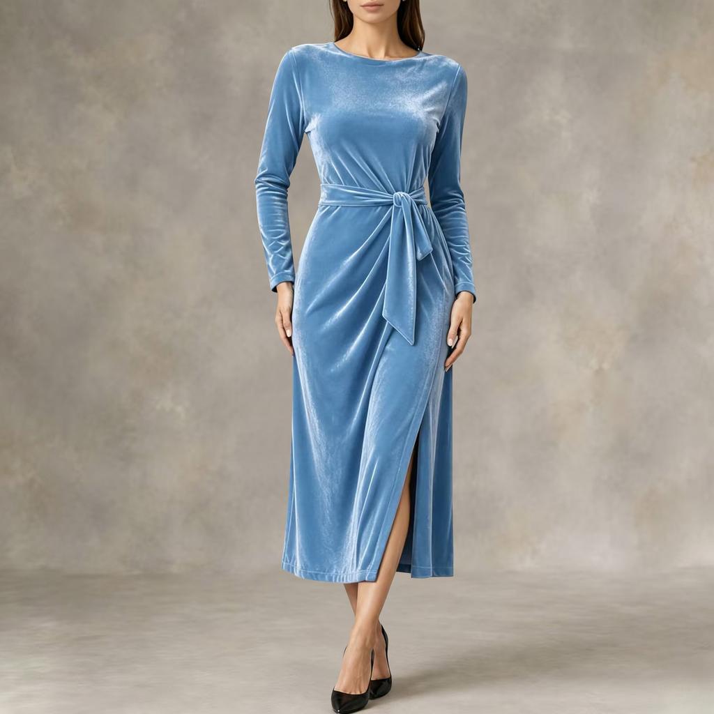 Women's Fashion Velvet Dress - Long Sleeve, Tie Waist, Side Slit, Slim Fit