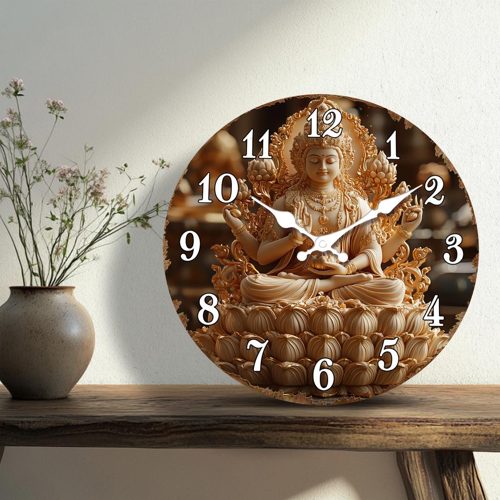 Golden Buddha Statue Vintage Wall Clock, Spiritual Themed Round Clock with White Numbers, Quiet Wall Clock for Meditation Room D