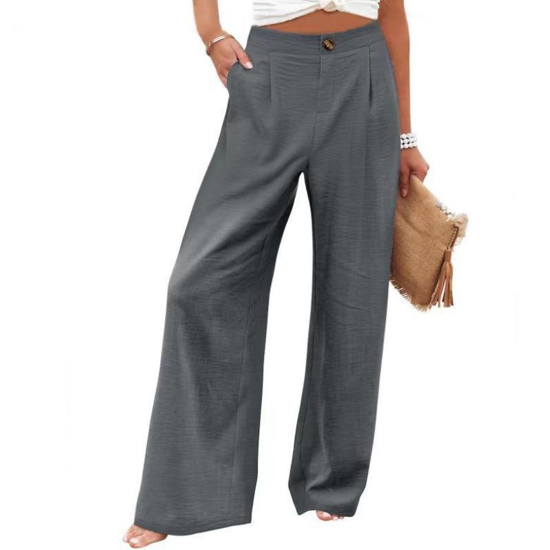 Women Solid High Waist Single Button Front Pleated Loose Wide Leg Comfort Casual Long Trousers