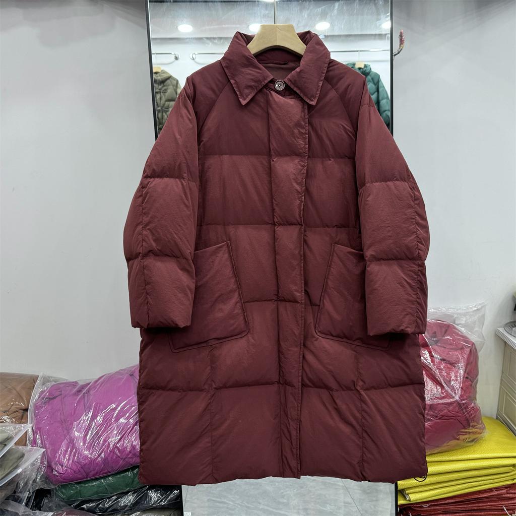 Simple Casual Lapel Medium and Long Large Quilt Down Jacket Loose Solid Color Versatile Literary Fashion White Duck Down Winter