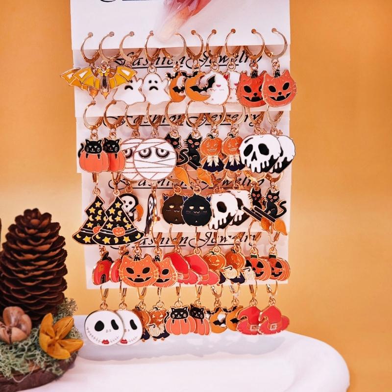Fashionable Halloween Pumpkin Black Cats Dangle Earrings Festival Charm Syurdy Alloy Jewelry Accessory for Parties