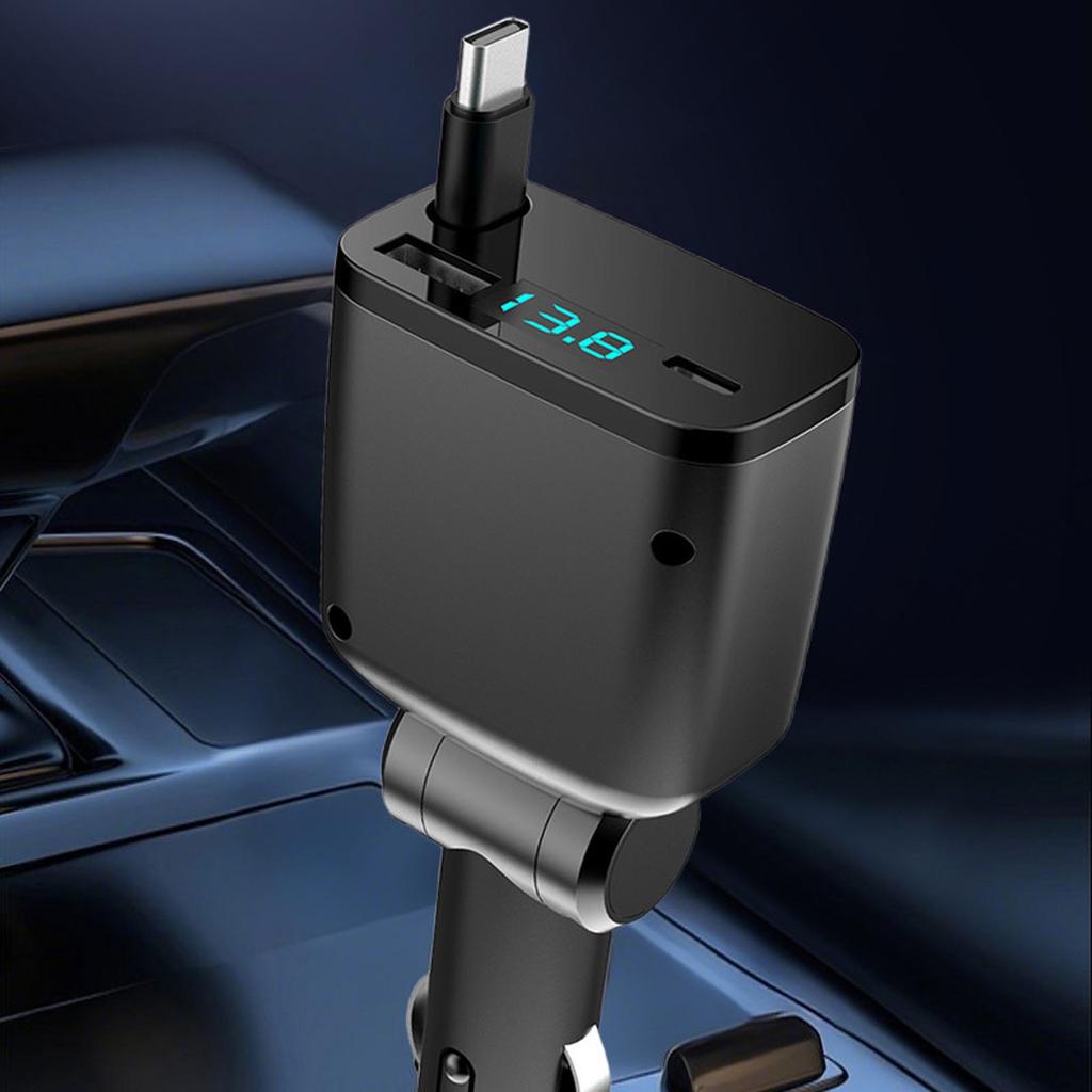 Retractable Car Charger, Fast Car Phone Charge, Type C Retractable Cables And 2 Ports Charger Adapter