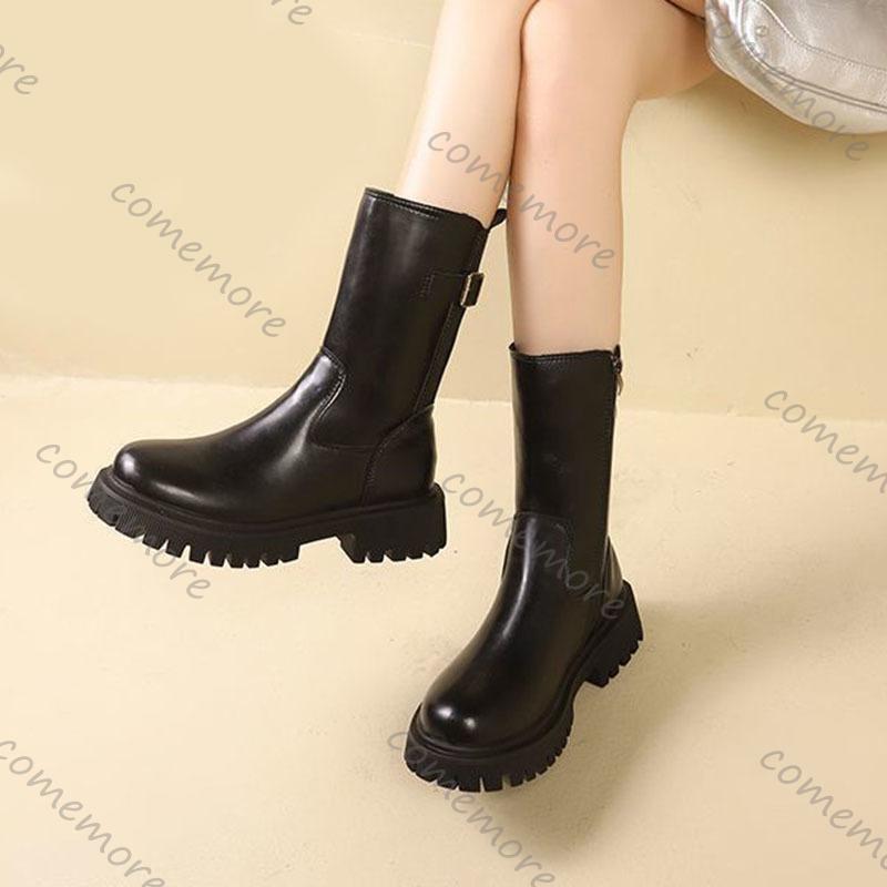 Comemore Womens Mid-calf Boots Leather Chelsea Female Solid Color New Autumn Shoes Side Zip Thick Heeled Bota Feminina