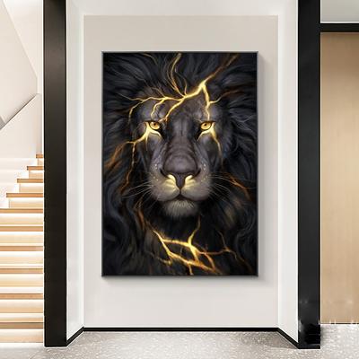 Väggkonstaffischer Svart och gyllene ljus Lejon Canvasmålning Modern djurbild för vardagsrum Heminredning Ingen ram