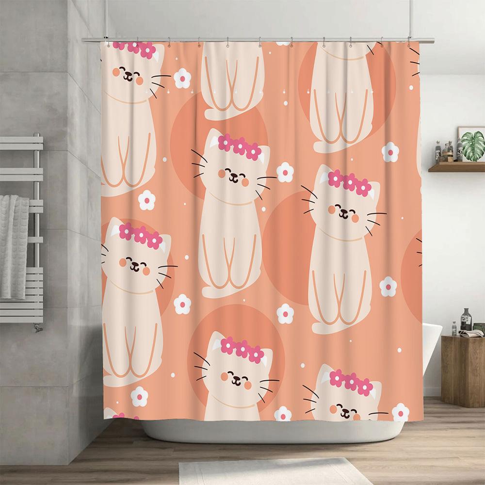 Adorable Cat Print Shower Curtain For Bathroom Decor Pink Floral Pattern High Quality Fabric Size: 72 X 84 Inches (180Cm X 210Cm