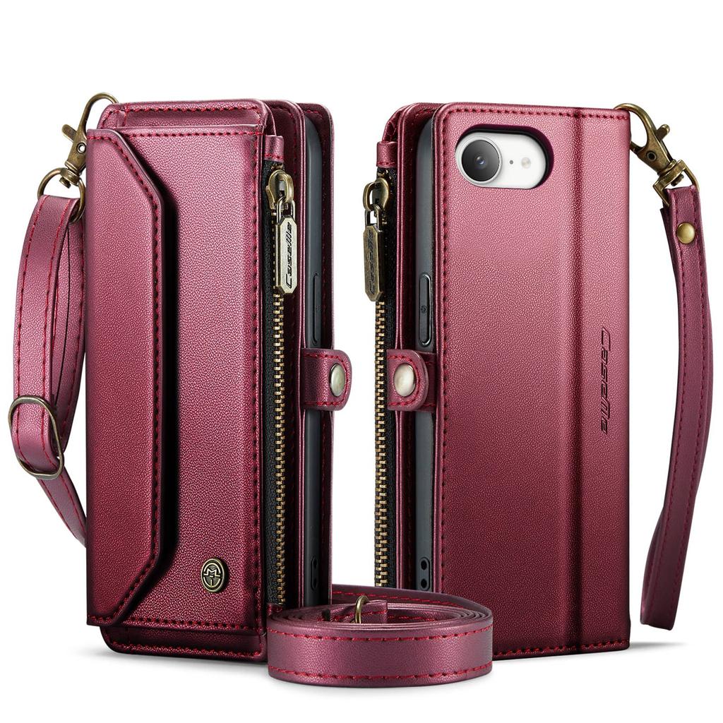 Per iPhone 17e 16e Custodia Portafoglio a Tracolla Blocco RFID Pelle PU Copertura Magnetica a Flip Porta 7 Carte Tasca con Zip Tracolla