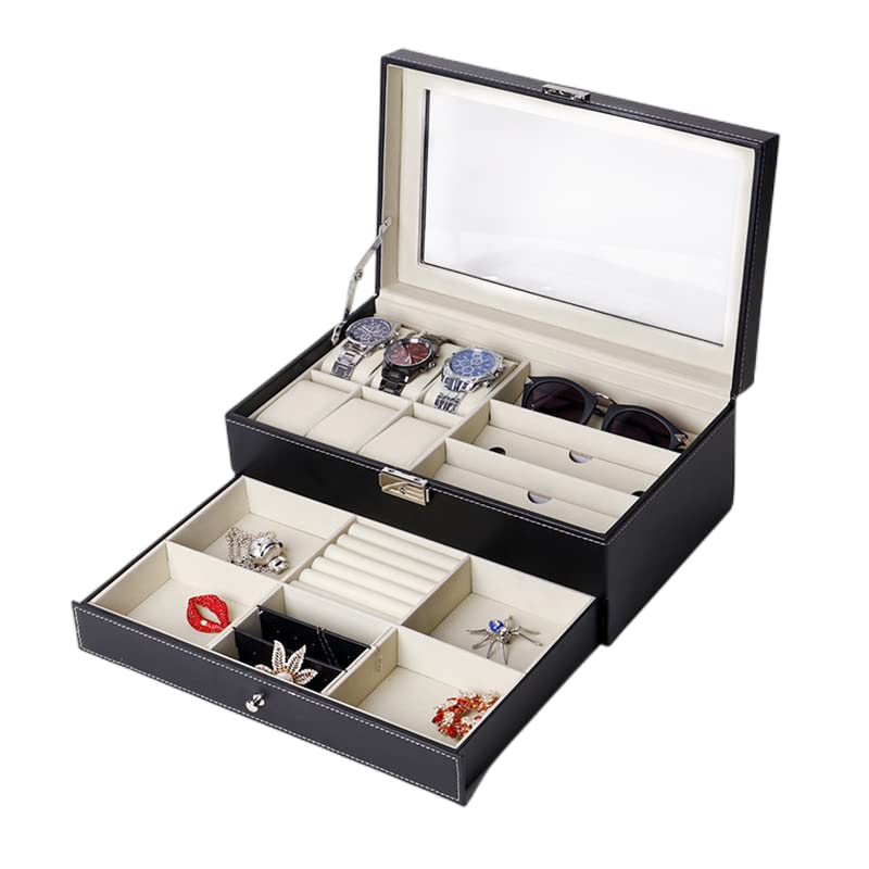 Ansimple And Accessories Storage PU Leather Collection Case 6 3 and Watch, Glasses, Sunglasses, Case, 2-Tier (Holds Watches, Glasses, Accessories)