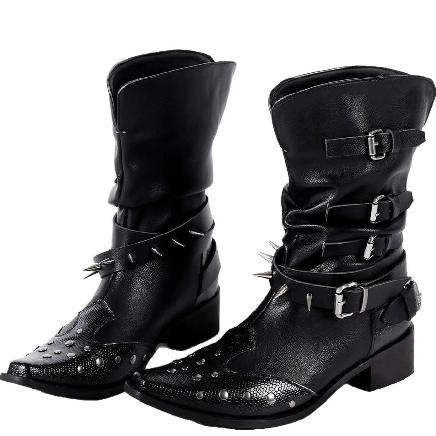 Fashion Spike Embellished Leather Ankel Boots Punk Style Pointed Toe Chunky Heel Western Booties 2025 Spring Autumn Women's Modern Boots