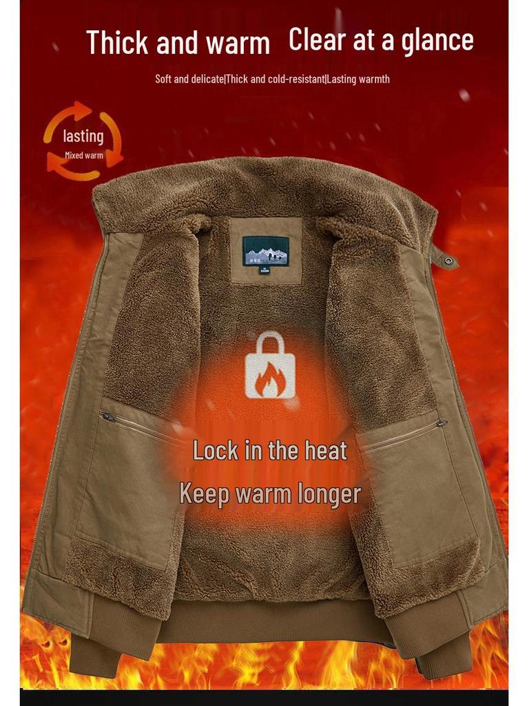 Chaqueta de piloto de la Fuerza Aérea de Alta Gama para Hombre: Terciopelo Forrado de Invierno, Algodón Puro, Corte Holgado, Ropa de Abrigo con Solapa para Personas de Mediana Edad.
