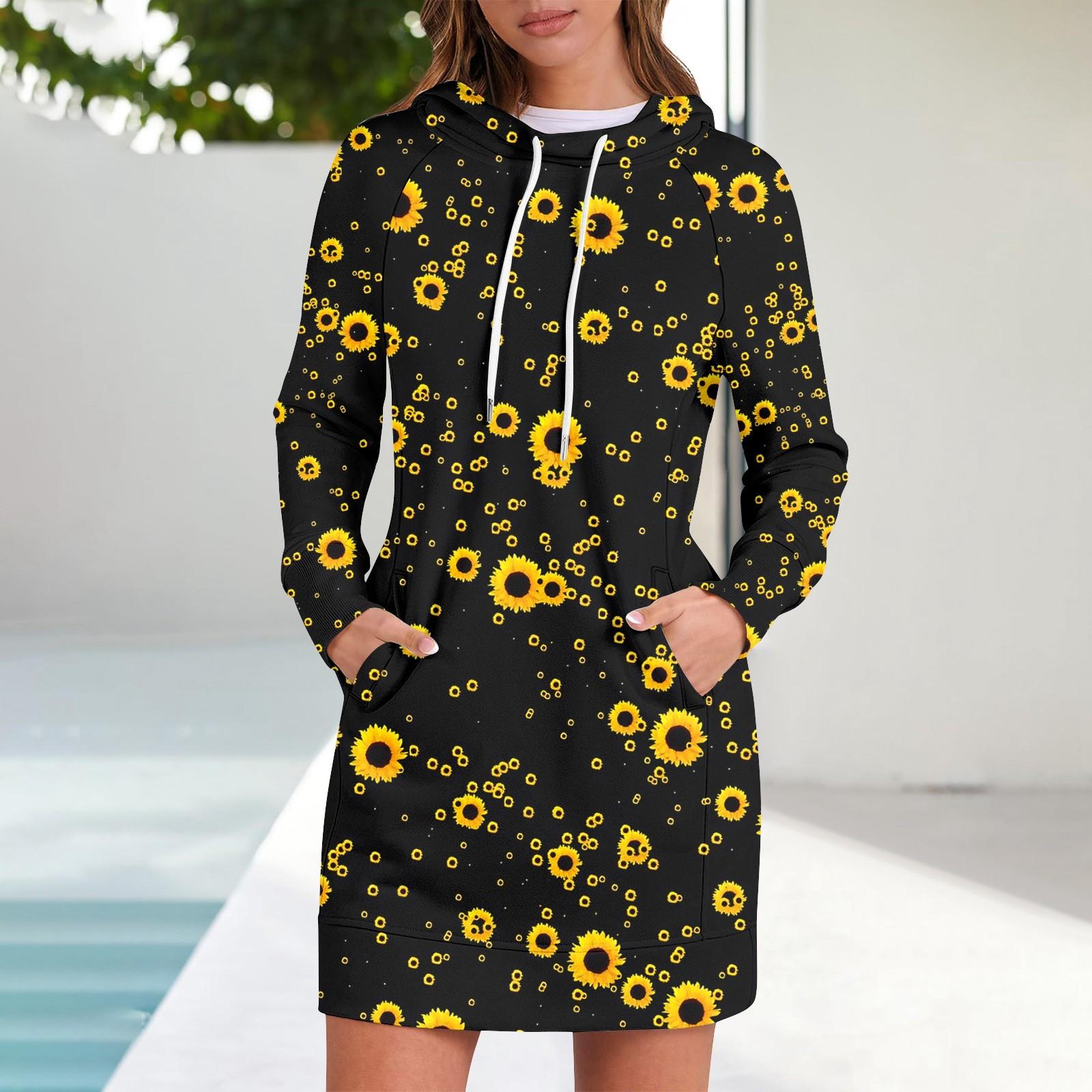 

Женское платье-толстовка с капюшоном с длинным рукавом, платья с милым цветочным принтом, повседневная толстовка с капюшоном и карманами, осень и зима XXL чёрный