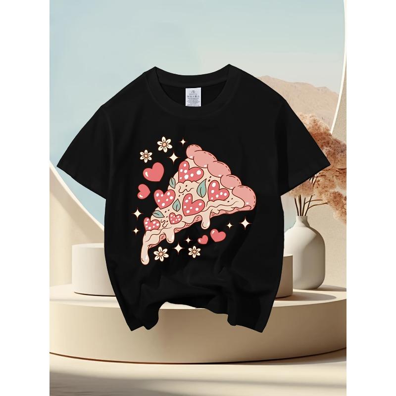 European sizes Girls' Heart Pizza Slice Flowers Stars Valentine'S Day Short Sleeve T-Shirt | Cute Cartoon Print, Stretchy Breathable Fabric