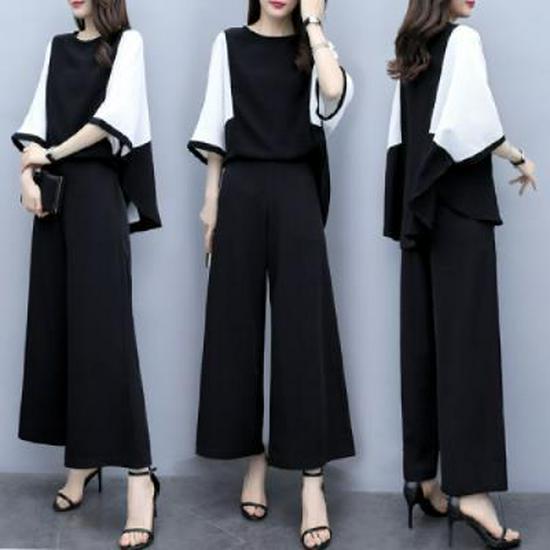 Women's Spring/Summer Two-Piece Set: Loose Spliced Top & Wide-Leg Pants Casual Fashion