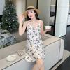 Summer new pajamas women's ice and snow silk thin suspender swing collar pure desire pajamas printed medium and long skirts
