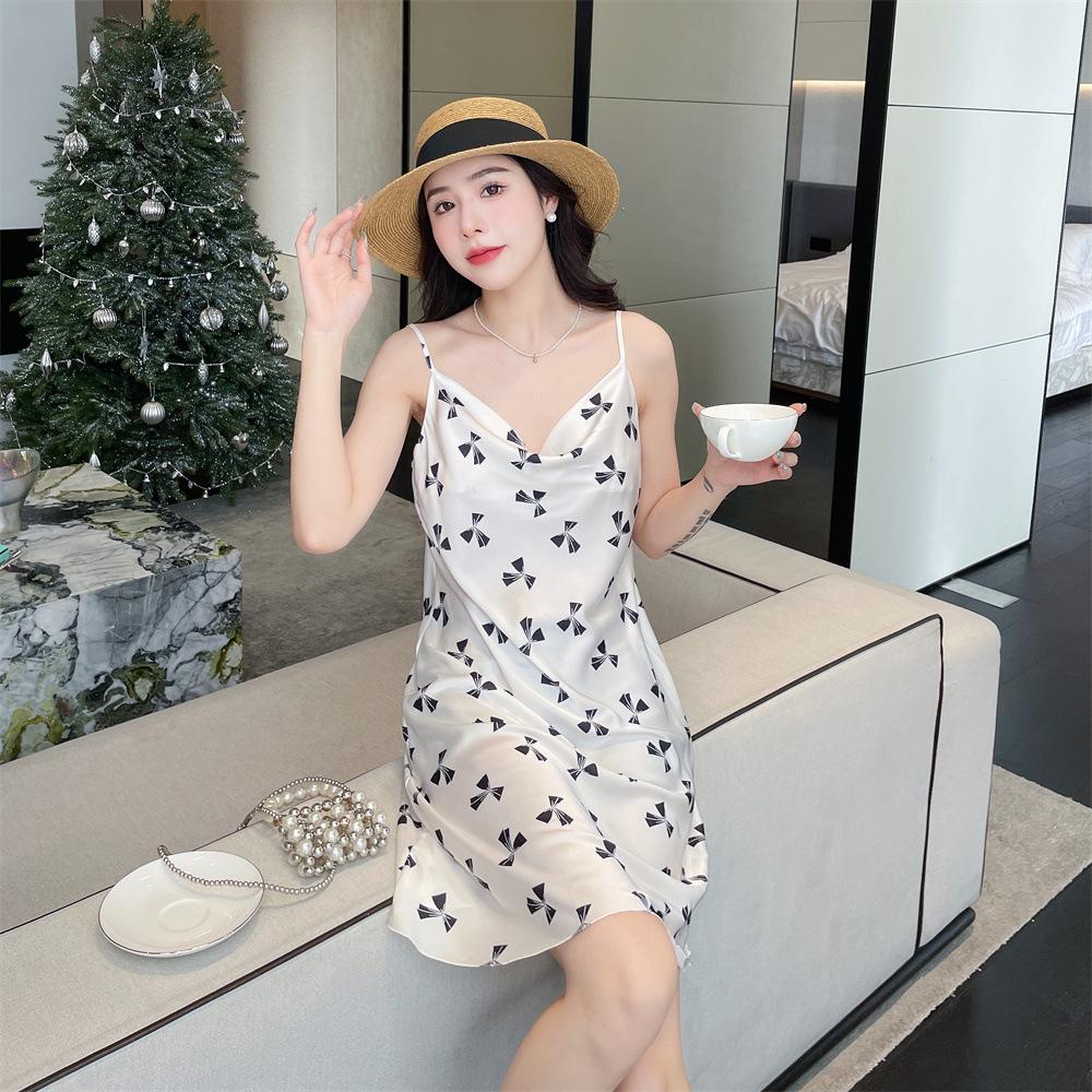 Summer new pajamas women's ice and snow silk thin suspender swing collar pure desire pajamas printed medium and long skirts