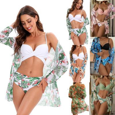 3pcs/set Print Swimsuit Push Up Swimwear Women Bikini Set Long Sleeves Female Bathing Suit Swim Wear Cover Up Printed Bathing Suit Plus Size Beachwear