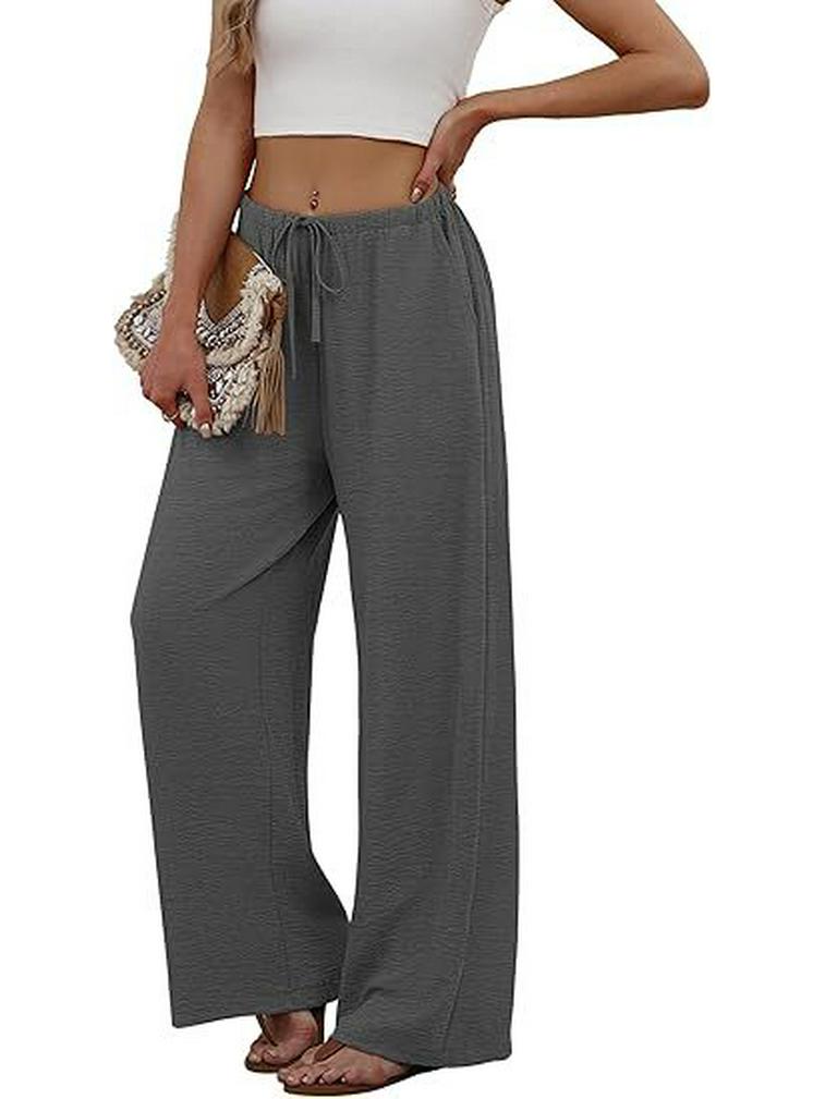 European & American Women's Casual Solid Wide-Leg Beach Pants with Elastic Waist & Pockets