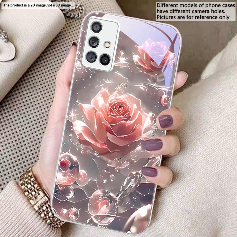 Ice Crystal-colored Roses For Samsung A20 30 22 23 24 25 26 31 32 33 34 35 42 50 51 52 53 54 55 56 70 71 72 73 Glass Phone Case