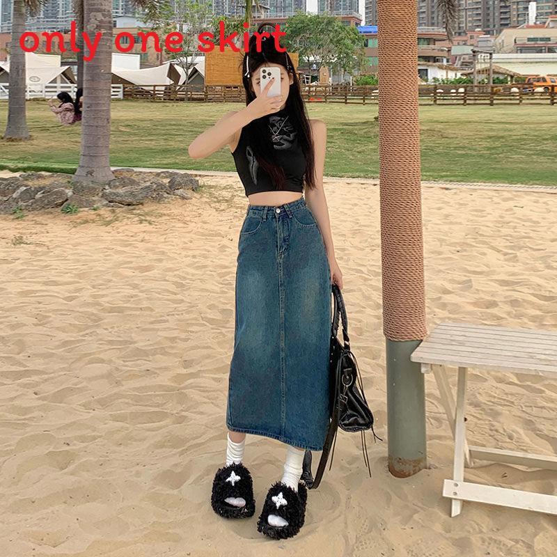 Denim Skirt High Waist Split A Line With Vintage Wash For Summer Casual Wear