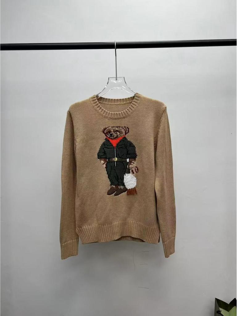 2025 R.L Wool Blend Cartoon Bear Round Neck Sweater - Women's Autumn/Winter Versatile Embroidered Style