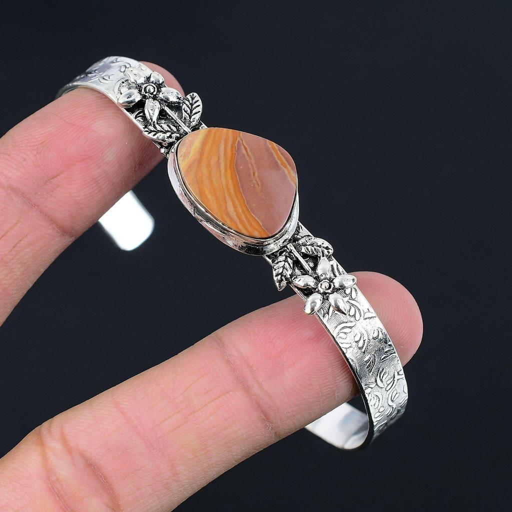 Halloween Sale Sterling Silver Natural Landscape Jasper Flower Bangle Bracelet