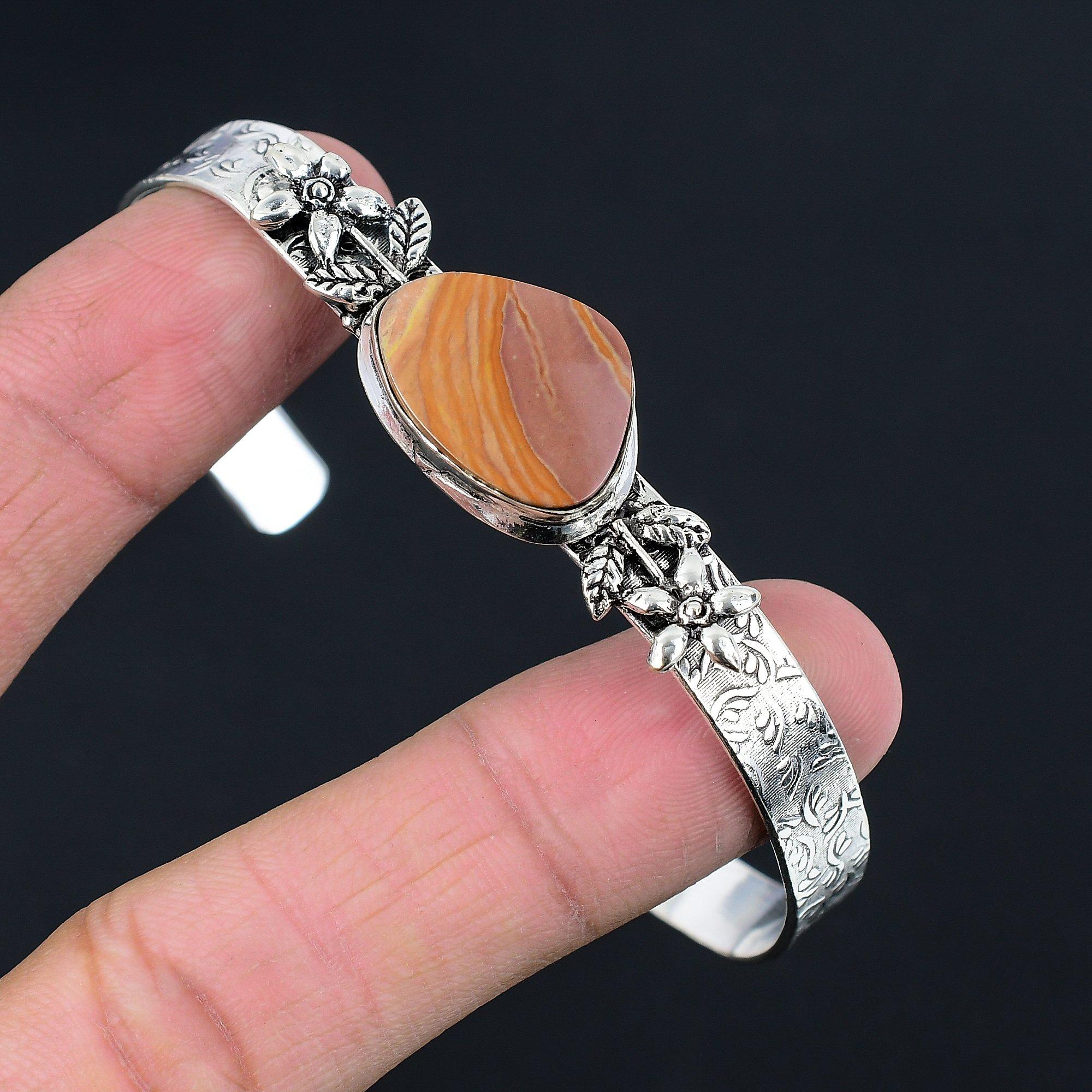 

Halloween Sale Sterling Silver Natural Landscape Jasper Flower Bangle Bracelet Adjustable