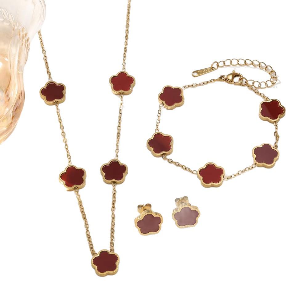 18K Gold Luxury Titanium Steel Shell Flower Jewelry Set: Bracelet, Necklace & Stud Earrings for Women