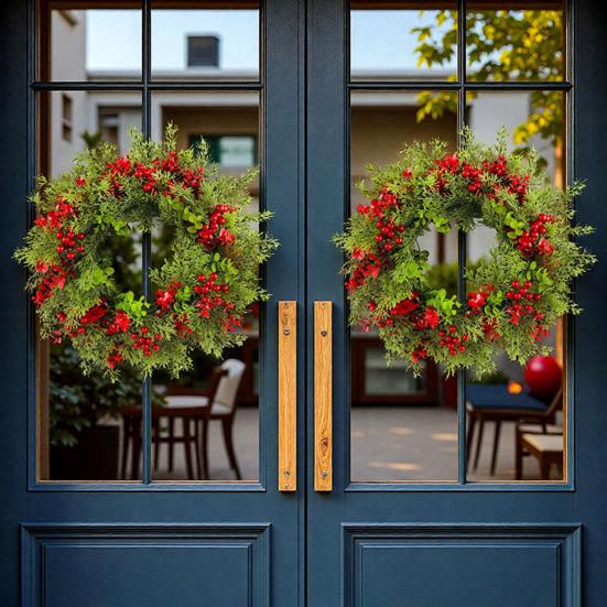 16 Inch Christmas Wreath with Red Berries Artificial Eucalyptus And Cedar Leaf Wreath for Holiday Front Door Wall Home Decoration