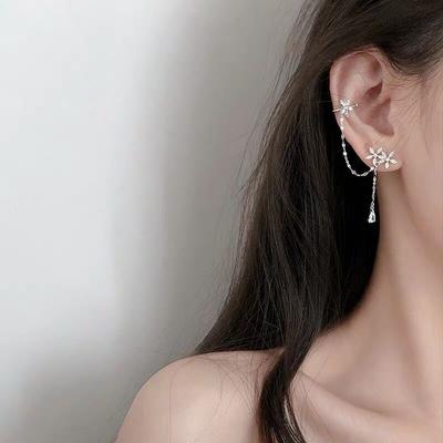 Girls Geometric Crystal Flower Ear Clips Chain Clip Earrings Women Dangle Earrings Ear Cuff