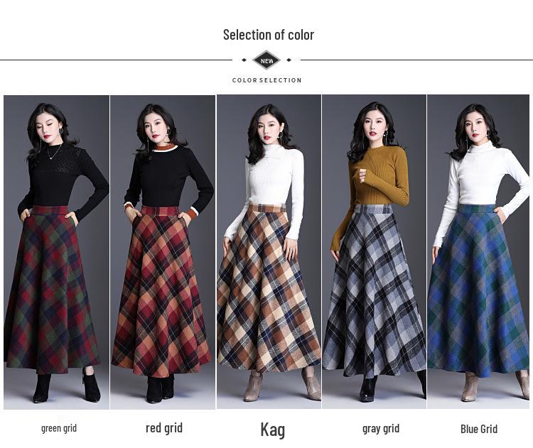 Women's 2024 Autumn/Winter Korean Plaid Wool-Blend A-Line Midi Skirt - Slimming, Thickened, Large Hem