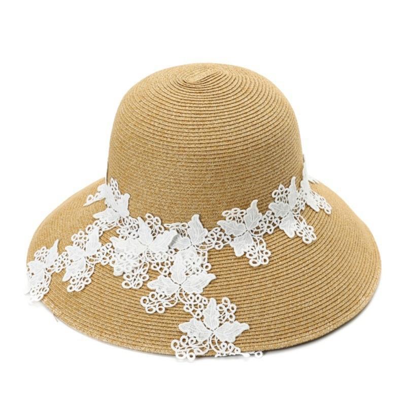 Elegant Lace Trimmed Wide Brims Straw Hat For Women Girl Summer Beach Vacation