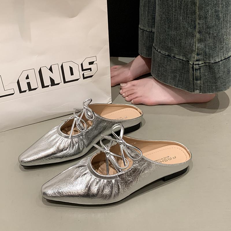 Female Shoes Butterfly-Knot Slippers Women Summer Increased Internal Low 2025 Silver Fabric  Janes PU Rubber Rome Butterfly-