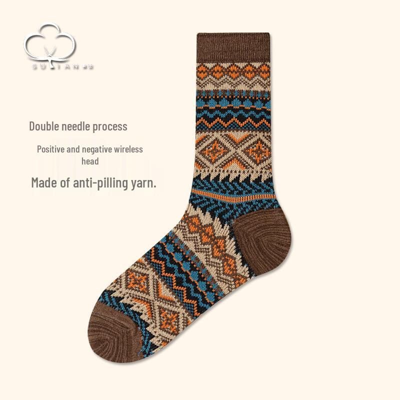 Men's Retro Diamond Stripe Ethnic Long Socks - Trendy Double Needle Design.