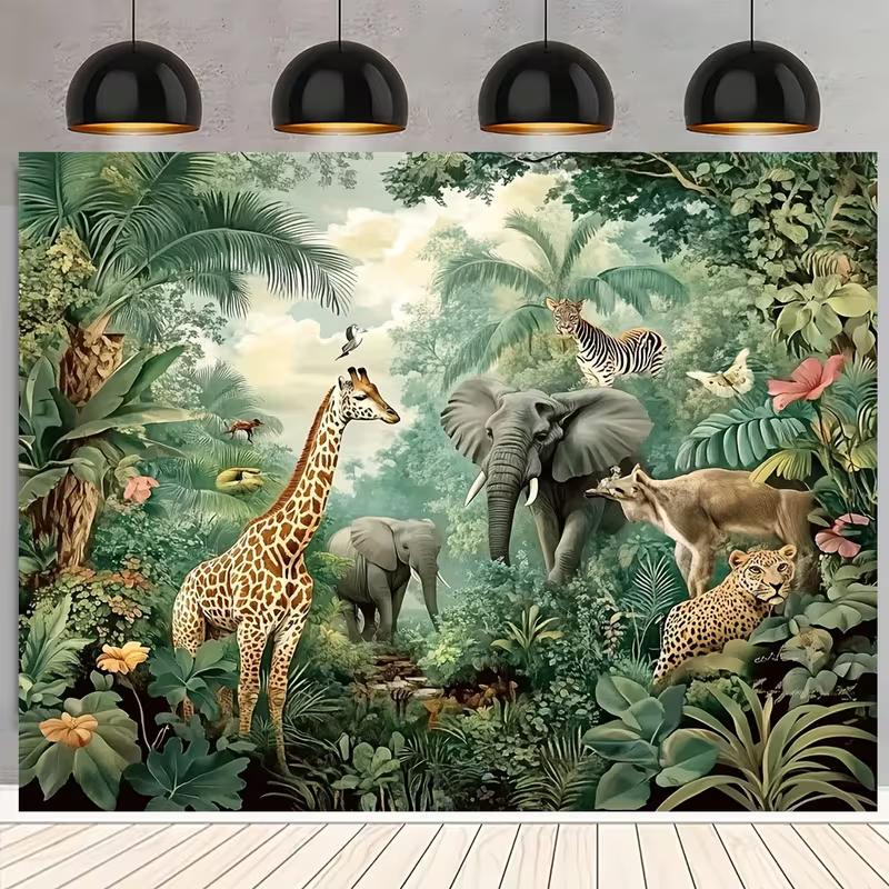 Retro Safari Backdrop with Wildlife and Lush Greenery Photography Background Cloth