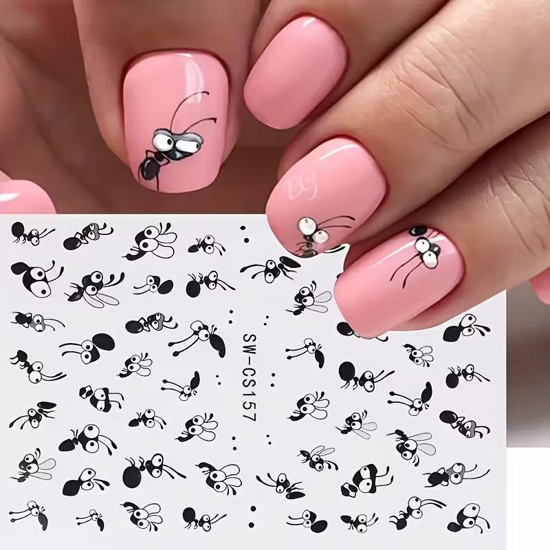 Cute Cartoon Ant Nail Stickers - Matte Finish Self-Adhesive Resin Decals for Fingernails & Toenails, Black & White