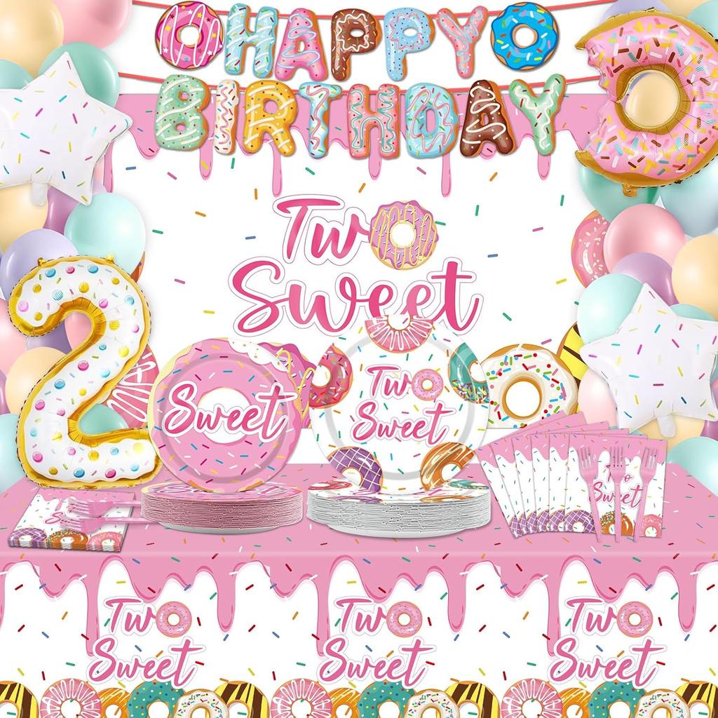 ZOiiWA 143Pcs Two Sweet Birthday Party Decorations Girls Donut Tableware Set Sweet Donut 2nd Party Plates Napkins Backdrop Tablecloth Banner Balloons