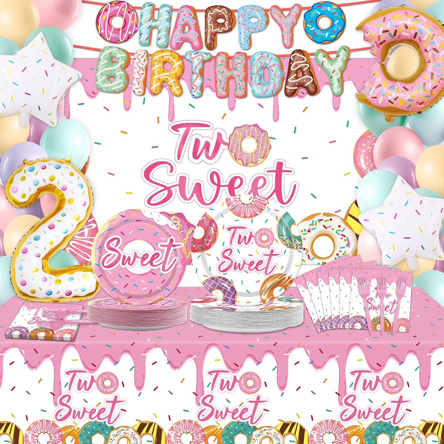 ZOiiWA 143Pcs Two Sweet Birthday Party Decorations Girls Donut tableware Set Sweet Donut 2nd Party Plates Napkins Backdrop Tablecloth Banner Balloons