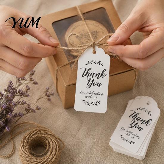 Natural Style Tags for Gift Boxes 100Pcs Paper Thank You with String, Rectangular Tags, Pre-Punched Decorative Hang Handmade Gifts Hole Hanging