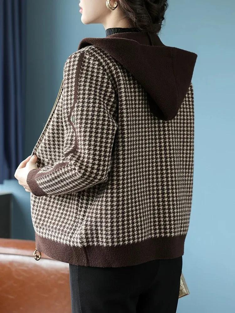 Damen Herbst Temperament Tweedjacke Mittelalterliche und Ältere Schlanke Kapuzenoberteile