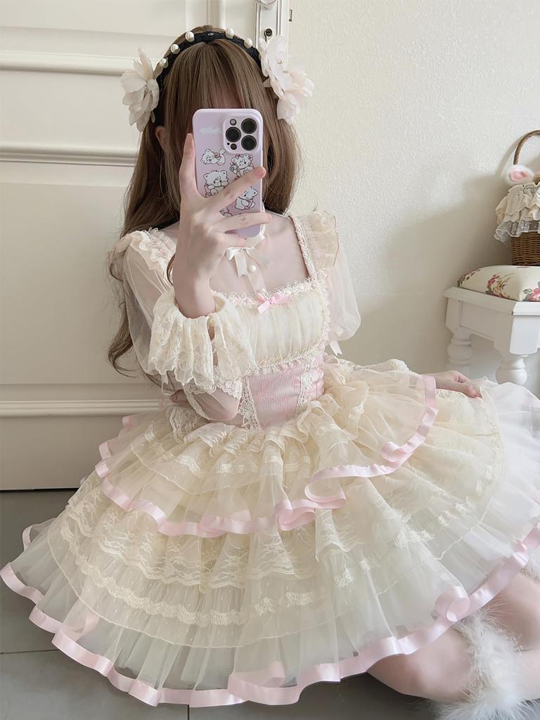 XHSUKADO Lolita JSK Jumper Skirt with Dreamy Cute Gothic Lolita Outfit with Ruffles and Mori Girl Princess Lolita Idol Size M Ribbon, Women's