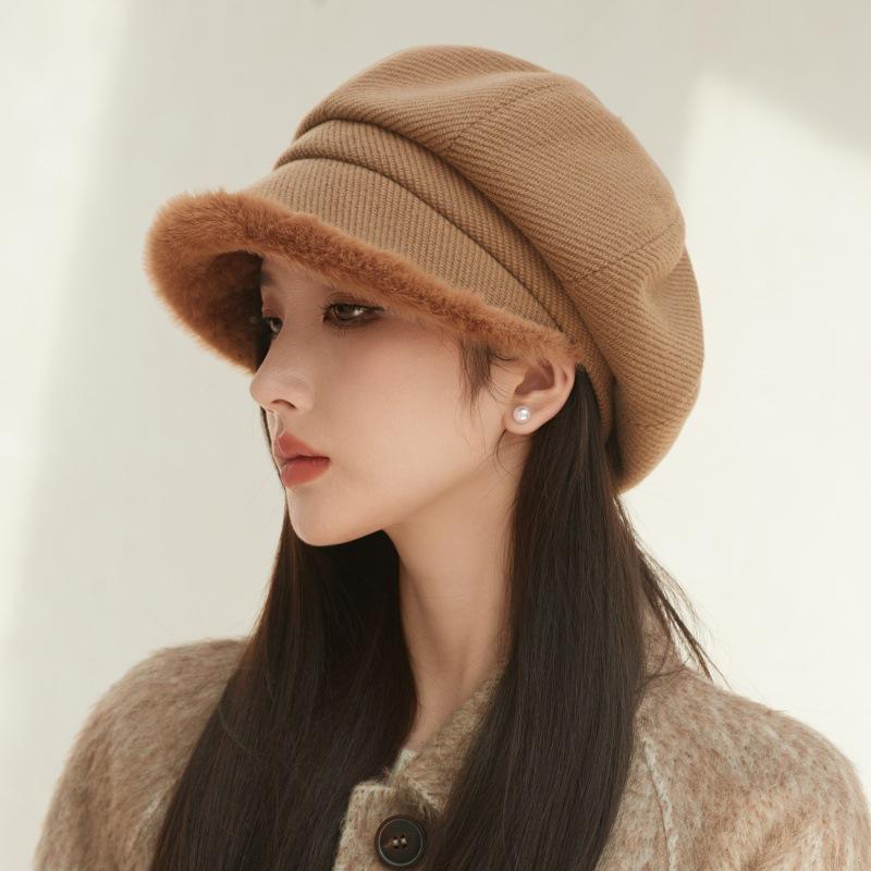 Women's Korean-Style Plush Octagonal Painter Hat - British Fashion, Autumn/Winter, Trendy Newsboy Cap