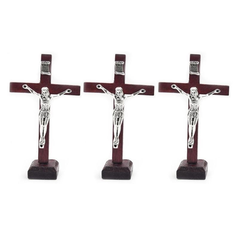 10pcs Wooden Ornament Tabletop Ornament Standing Crucifix Decoration