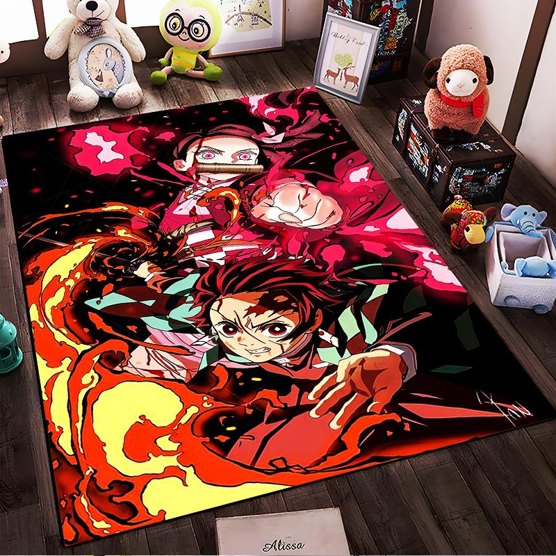 Anime Style Carpet with Fiery Red and Black Design, Bold Characters Suitable for Use As an Anti-slip for Living Room Bedroom Sofas