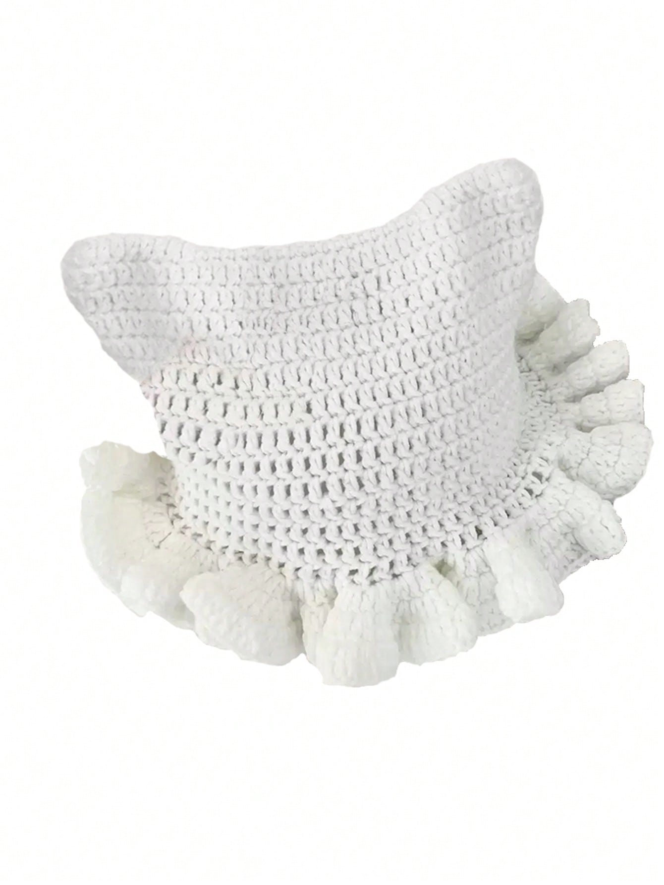

Cute Hand-Knitted Bow Cartoon Cat Ear Cap Warm Pullover with Pleated Edge in Solid Color for Autumn Winter Y2k Style
