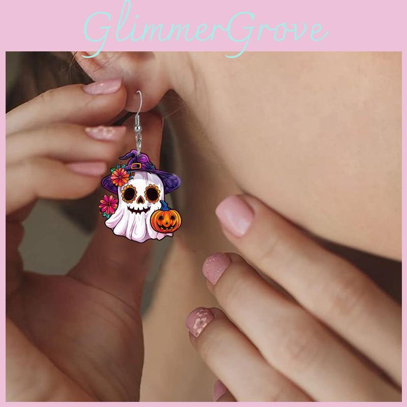 Halloween Themed Ghost Pumpkin Flower Pattern Women Alien Acrylic Earrings For Festive Parties