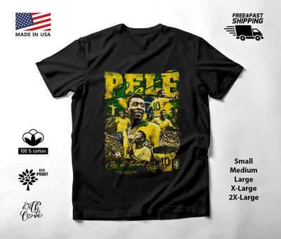 Pele Brazil Yellow Green Photo Collage Soccer T-Shirt Black Unisex S-2XL