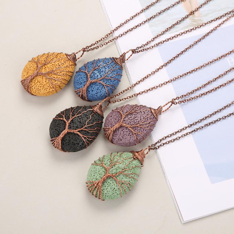 Handmade Copper Wire Winding Multi-Colored Volcanic Stone Water Drop Tree Of Life Pendant Necklace N529